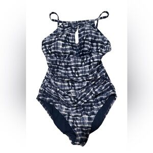 Ellen Tracy Stylish Navy and White High Neck with Keyhole One Piece